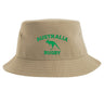 The EMB S&S Activewear Nations of Rugby Australia Rugby Sustainable Bucket Hat is crafted from recycled polyester in beige, featuring green "Australia Rugby" text and a kangaroo logo on the front for an eco-friendly and stylish choice.