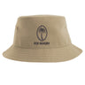 The Nations of Rugby Fiji Rugby Sustainable Bucket Hat by EMB S&S Activewear showcases a tan design with a black outlined palm tree and "FIJI RUGBY" logo on the front, crafted from recycled polyester for eco-friendly style.