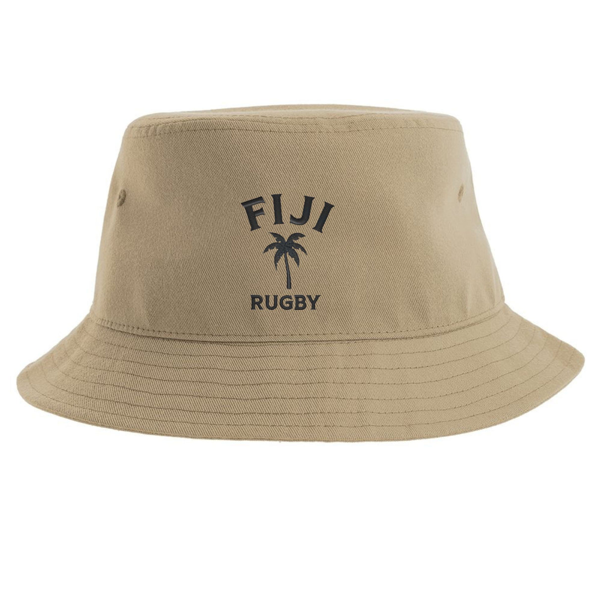 Introducing the EMB S&S Activewear Nations of Rugby Fiji Rugby Sustainable Bucket Hat—a beige bucket hat featuring “FIJI RUGBY” and a palm tree graphic printed in black on the front. Crafted from recycled polyester, this eco-friendly rugby hat combines sustainability with distinctive style.