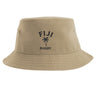 Introducing the EMB S&S Activewear Nations of Rugby Fiji Rugby Sustainable Bucket Hat—a beige bucket hat featuring “FIJI RUGBY” and a palm tree graphic printed in black on the front. Crafted from recycled polyester, this eco-friendly rugby hat combines sustainability with distinctive style.