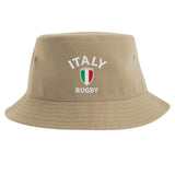 The Nations of Rugby Italy Rugby Sustainable Bucket Hat by EMB S&S Activewear features "Italy Rugby" and a shield with the Italian flag colors printed on the front. Made from recycled polyester, this eco-friendly hat lets fans show their support for Italy’s rugby team in style and sustainability.