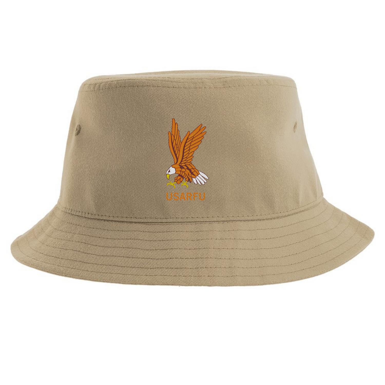 The USA Rugby Heritage Sustainable Bucket Hat by EMB S&S Activewear features a tan design with an embroidered orange eagle and "USARFU" text on the front.