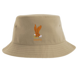 The USA Rugby Heritage Sustainable Bucket Hat by EMB S&S Activewear features a tan design with an embroidered orange eagle and "USARFU" text on the front.