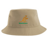 The Wallabies Sustainable Bucket Hat by EMB S&S Activewear features a tan design with an orange kangaroo logo and the word "Wallabies" in green text on the front, combining classic style with sporty flair.