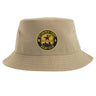 The Pittsburgh Forge Rugby Sustainable Bucket Hat by EMB S&S Activewear is a tan bucket hat made from recycled polyester, featuring a circular Pittsburgh Forge Rugby Club logo centered on the front for an eco-friendly style.