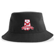 The Alabama Rugby Alliance Sustainable Bucket Hat by EMB S&S Activewear features a red and white "Alabama Rugby Alliance Est. 2024" logo on the front. Made from recycled polyester, this black bucket hat combines eco-friendly style with team pride.