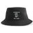 The Amoskeag Rugby Sustainable Bucket Hat by EMB S&S Activewear is a black, custom-made hat featuring "AMOSKEAG" text, a stylized ram logo, and "Est. 1984" embroidered in white on the front; this eco-friendly bucket hat is crafted with care and designed for lasting style.