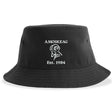 The Amoskeag Rugby Sustainable Bucket Hat by EMB S&S Activewear is a black, custom-made hat featuring "AMOSKEAG" text, a stylized ram logo, and "Est. 1984" embroidered in white on the front; this eco-friendly bucket hat is crafted with care and designed for lasting style.