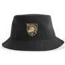 The West Point Rugby Sustainable Bucket Hat by EMB S&S Activewear features a black design with a gold emblem showcasing a Spartan helmet, sword, shield, and star on the front. Crafted from recycled polyester, this hat offers both style and sustainability.