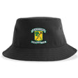 The Blackthorn Rugby Sustainable Bucket Hat by EMB S&S Activewear is a black recycled polyester bucket hat featuring the Blackthorn Football Rugby Club logo with a green shamrock and yellow shield on the front.
