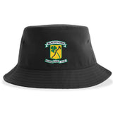 The Blackthorn Rugby Sustainable Bucket Hat by EMB S&S Activewear is a black recycled polyester bucket hat featuring the Blackthorn Football Rugby Club logo with a green shamrock and yellow shield on the front.