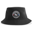 The Mudsock Youth Rugby Sustainable Bucket Hat by EMB S&S Activewear features a circular "Mudsock Youth Rugby" patch in black, white, red, and blue on the front. Made from recycled polyester for an eco-friendly touch.
