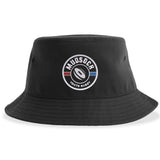 The Mudsock Youth Rugby Sustainable Bucket Hat by EMB S&S Activewear features a circular "Mudsock Youth Rugby" patch in black, white, red, and blue on the front. Made from recycled polyester for an eco-friendly touch.