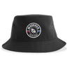 The Mudsock Youth Rugby Sustainable Bucket Hat by EMB S&S Activewear features a circular "Mudsock Youth Rugby" patch in black, white, red, and blue on the front. Made from recycled polyester for an eco-friendly touch.