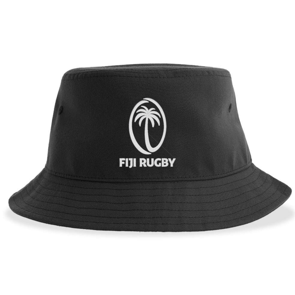 The Nations of Rugby Fiji Rugby Sustainable Bucket Hat by EMB S&S Activewear is a black bucket hat made from recycled polyester, featuring a white palm tree logo and "Fiji Rugby" text on the front for an eco-friendly and stylish choice.
