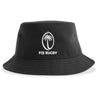 The Nations of Rugby Fiji Rugby Sustainable Bucket Hat by EMB S&S Activewear is a black bucket hat made from recycled polyester, featuring a white palm tree logo and "Fiji Rugby" text on the front for an eco-friendly and stylish choice.