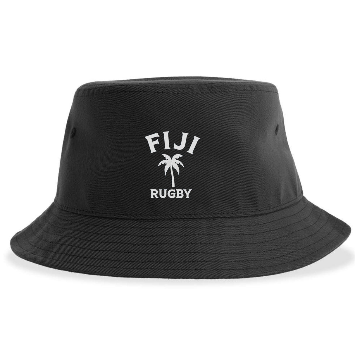 The EMB S&S Activewear Nations of Rugby Fiji Rugby Sustainable Bucket Hat is a black hat featuring “FIJI RUGBY” and a palm tree graphic embroidered in white on the front.