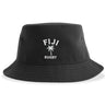 The EMB S&S Activewear Nations of Rugby Fiji Rugby Sustainable Bucket Hat is a black hat featuring “FIJI RUGBY” and a palm tree graphic embroidered in white on the front.