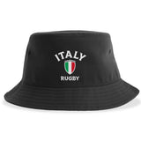 The Nations of Rugby Italy Rugby Sustainable Bucket Hat by EMB S&S Activewear features a black design with "ITALY RUGBY" and an Italian flag-colored shield printed on the front. Crafted from recycled polyester, this eco-friendly bucket hat is perfect for fans seeking a sustainable choice.