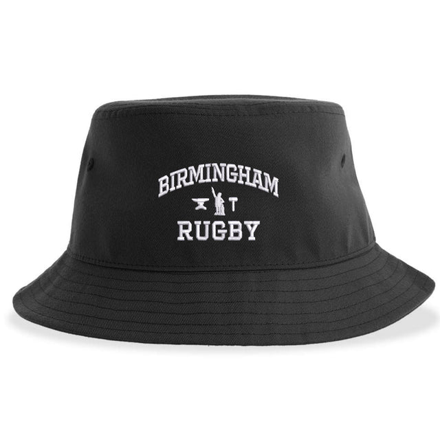 Introducing the Birmingham Rugby Text Logo Sustainable Bucket Hat by EMB S&S Activewear. This eco-friendly bucket hat is crafted from recycled polyester and features “Birmingham Rugby” embroidered in white text on the front, complete with two small symbols between the words. Combining sustainable materials with team pride, it’s the perfect stylish accessory for fans who care about both the environment and their rugby spirit.