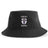 The St. Augustine Rugby Sustainable Bucket Hat by EMB S&S Activewear is a black bucket hat crafted from recycled polyester, featuring an embroidered shield logo with a cross and "Saints Rugby" stitched above and below the emblem.