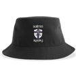 The St. Augustine Rugby Sustainable Bucket Hat by EMB S&S Activewear is a black bucket hat crafted from recycled polyester, featuring an embroidered shield logo with a cross and "Saints Rugby" stitched above and below the emblem.