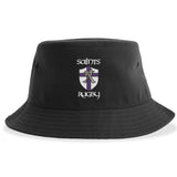 The St. Augustine Rugby Sustainable Bucket Hat by EMB S&S Activewear is a black bucket hat crafted from recycled polyester, featuring an embroidered shield logo with a cross and "Saints Rugby" stitched above and below the emblem.
