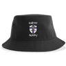The St. Augustine Rugby Sustainable Bucket Hat by EMB S&S Activewear is a black bucket hat crafted from recycled polyester, featuring an embroidered shield logo with a cross and "Saints Rugby" stitched above and below the emblem.