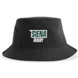 The Siena College Rugby Sustainable Bucket Hat by EMB S&S Activewear is made from recycled polyester and features "SIENA RUGBY" embroidered on the front in green and white letters—an ideal choice for any Siena College Rugby fan.