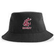 The Washington State Rugby Sustainable Bucket Hat by EMB S&S Activewear is a black, eco-friendly accessory made from recycled polyester. It features a red and white cougar logo above the word "RUGBY" embroidered on the front—perfect for any Washington State Rugby fan.