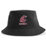 The Washington State Rugby Sustainable Bucket Hat by EMB S&S Activewear is a black, eco-friendly accessory made from recycled polyester. It features a red and white cougar logo above the word "RUGBY" embroidered on the front—perfect for any Washington State Rugby fan.