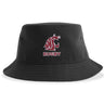 The Washington State Rugby Sustainable Bucket Hat by EMB S&S Activewear is a black, eco-friendly accessory made from recycled polyester. It features a red and white cougar logo above the word "RUGBY" embroidered on the front—perfect for any Washington State Rugby fan.