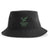 The Zionsville Rugby Sustainable Bucket Hat by EMB S&S Activewear is made from recycled polyester and showcases a black design with a green eagle logo and "Zionsville Rugby Est. 2003" embroidered on the front.