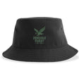 The Zionsville Rugby Sustainable Bucket Hat by EMB S&S Activewear is made from recycled polyester and showcases a black design with a green eagle logo and "Zionsville Rugby Est. 2003" embroidered on the front.