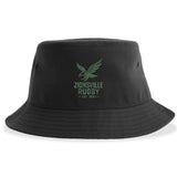 The Zionsville Rugby Sustainable Bucket Hat by EMB S&S Activewear is made from recycled polyester and showcases a black design with a green eagle logo and "Zionsville Rugby Est. 2003" embroidered on the front.