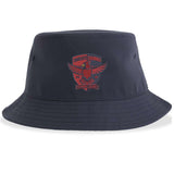 The Charlotte Cardinals Rugby Sustainable Bucket Hat by EMB S&S Activewear is crafted from recycled polyester in navy and features a red Charlotte Cardinals Rugby Club logo with a cardinal and the year 2021 on the front for eco-friendly style.
