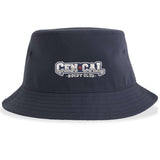The CenCal Rugby Sustainable Bucket Hat by EMB S&S Activewear features "CEN CAL BOOT CLU" and a red star logo embroidered on the front in navy blue.