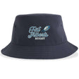 Introducing the Gulf Coast Fat Alberts Rugby Sustainable Bucket Hat by EMB S&S Activewear—a navy blue bucket hat made from recycled polyester, featuring "Fat Albert's Rugby" and a rugby ball embroidered on the front for eco-friendly style.