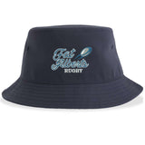 Introducing the Gulf Coast Fat Alberts Rugby Sustainable Bucket Hat by EMB S&S Activewear—a navy blue bucket hat made from recycled polyester, featuring "Fat Albert's Rugby" and a rugby ball embroidered on the front for eco-friendly style.