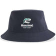 The NC Megalodons Rugby Academy Sustainable Bucket Hat by EMB S&S Activewear features navy blue fabric with an embroidered shark logo and the phrase "MEGALODONS INC RUGBY ACADEMY" on the front, showcasing the spirit of the NC Megalodons.