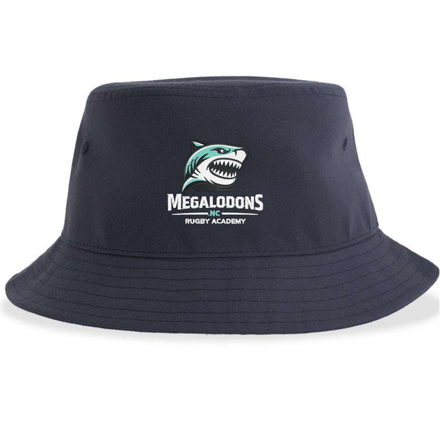 The NC Megalodons Rugby Academy Sustainable Bucket Hat by EMB S&S Activewear features navy blue fabric with an embroidered shark logo and the phrase "MEGALODONS INC RUGBY ACADEMY" on the front, showcasing the spirit of the NC Megalodons.
