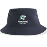 The NC Megalodons Rugby Academy Sustainable Bucket Hat by EMB S&S Activewear features navy blue fabric with an embroidered shark logo and the phrase "MEGALODONS INC RUGBY ACADEMY" on the front, showcasing the spirit of the NC Megalodons.