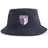 Introducing the OMBAC Rugby Sustainable Bucket Hat by EMB S&S Activewear—a navy blue bucket hat made from recycled polyester for an eco-friendly choice. It features a purple and white OMBAC Rugby shield logo with stripes and a wave graphic on the front.