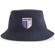 Introducing the OMBAC Rugby Sustainable Bucket Hat by EMB S&S Activewear—a navy blue bucket hat made from recycled polyester for an eco-friendly choice. It features a purple and white OMBAC Rugby shield logo with stripes and a wave graphic on the front.