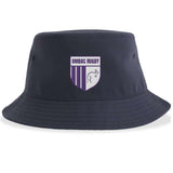 Introducing the OMBAC Rugby Sustainable Bucket Hat by EMB S&S Activewear—a navy blue bucket hat made from recycled polyester for an eco-friendly choice. It features a purple and white OMBAC Rugby shield logo with stripes and a wave graphic on the front.