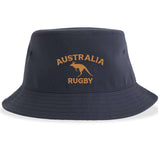 Introducing the Nations of Rugby Australia Rugby Sustainable Bucket Hat by EMB S&S Activewear—crafted from recycled polyester in navy blue, this hat features "Australia Rugby" and a gold kangaroo logo on the front, making it the perfect eco-friendly choice for fans.