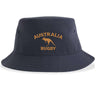 Introducing the Nations of Rugby Australia Rugby Sustainable Bucket Hat by EMB S&S Activewear—crafted from recycled polyester in navy blue, this hat features "Australia Rugby" and a gold kangaroo logo on the front, making it the perfect eco-friendly choice for fans.