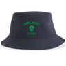 Introducing the Nations of Rugby Ireland Rugby Sustainable Bucket Hat by EMB S&S Activewear. This navy blue bucket hat showcases "IRELAND RUGBY" and a green shield with shamrocks on the front. Made from recycled polyester, it’s an eco-friendly choice for supporting your team in style.