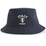 Introducing the Nations of Rugby Italy Rugby Sustainable Bucket Hat by EMB S&S Activewear—a stylish navy blue bucket hat crafted from recycled polyester, featuring "Italy Rugby" text and an Italian flag shield emblem on the front. The perfect sustainable accessory for rugby fans.