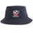 Introducing the USA Rugby Crest Sustainable Bucket Hat by EMB S&S Activewear—a navy blue bucket hat made from recycled polyester for eco-friendly style and comfort. The front showcases the official USA Rugby logo, featuring a stylized eagle head with red text, prominently centered.